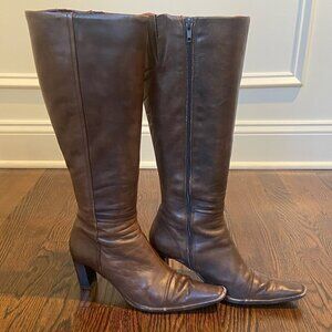 Manfield Square Toe Knee High Leather Boot 3" Stacked Heel Brown US 7.5/EU 38
